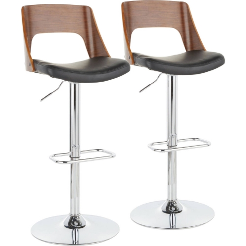 Valencia Adj Swivel Bar Stool in Walnut, Chrome & Black Leatherette (Set of 2)